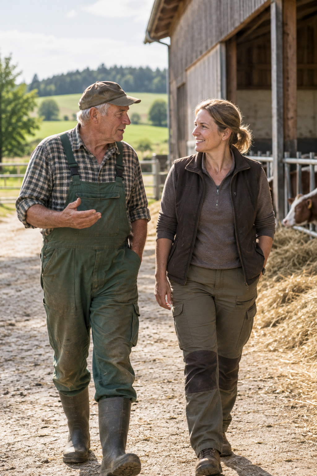 Zwei Generationen im Gespräch vor einem landwirtschaftlichen Gebäude